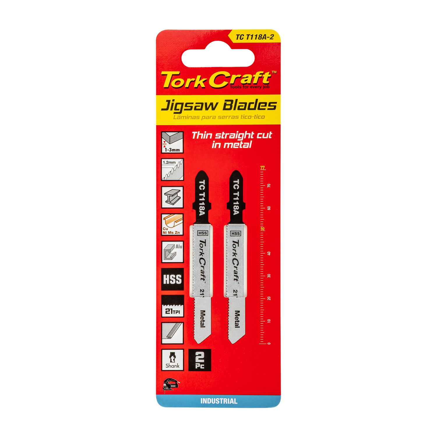 T-shank Jigsaw Blade For Metal 1.2mm 21tpi 75mm 2pc